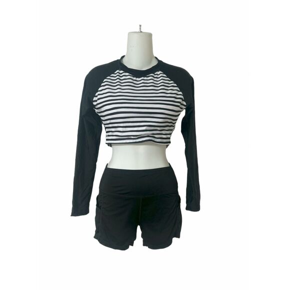 Women’s Long Sleeve Cropped Swim Top only B & W Stripe Tie Back  Small (Approx.) - Picture 2 of 2